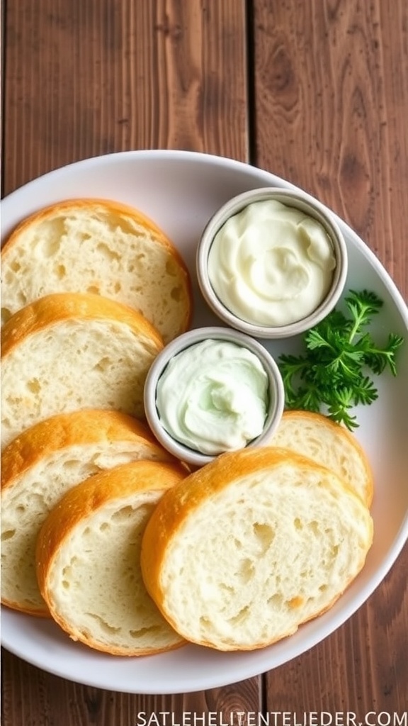 Keto Cloud Bread Recipe with 3 Ingredients Fluffy cloud bread slices on a plate with cream cheese spread, on a rustic wooden table.